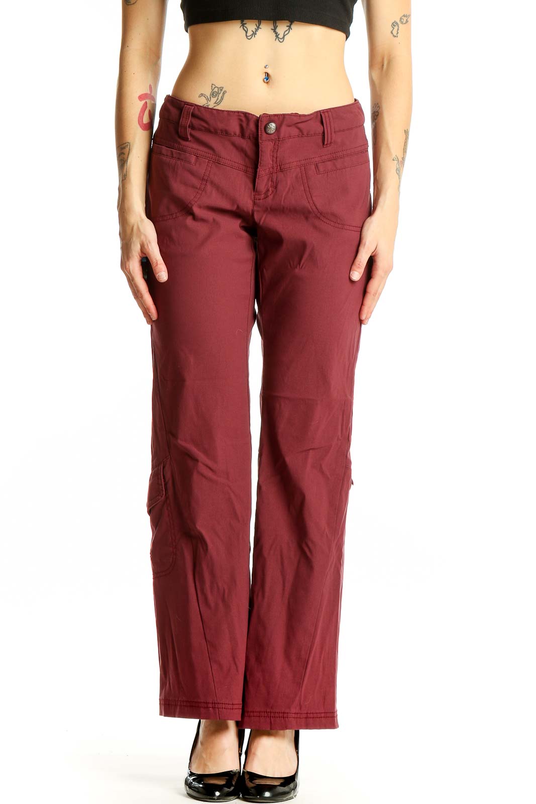 Burgundy Wide-Leg Nylon Blend Pants Front