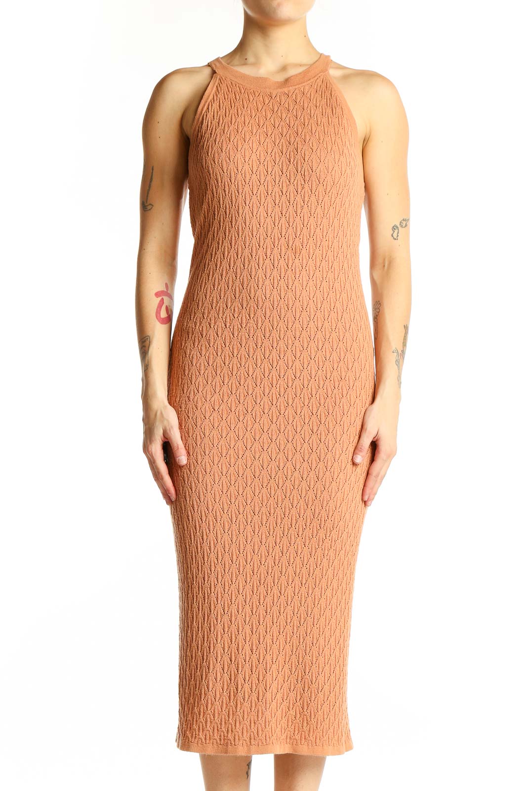 Peach Textured Knit Midi Dress Front