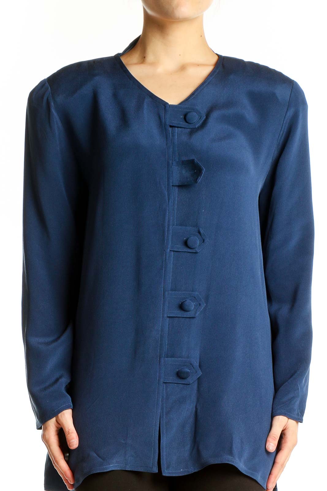 Navy Silk Button-Front Jacket Front