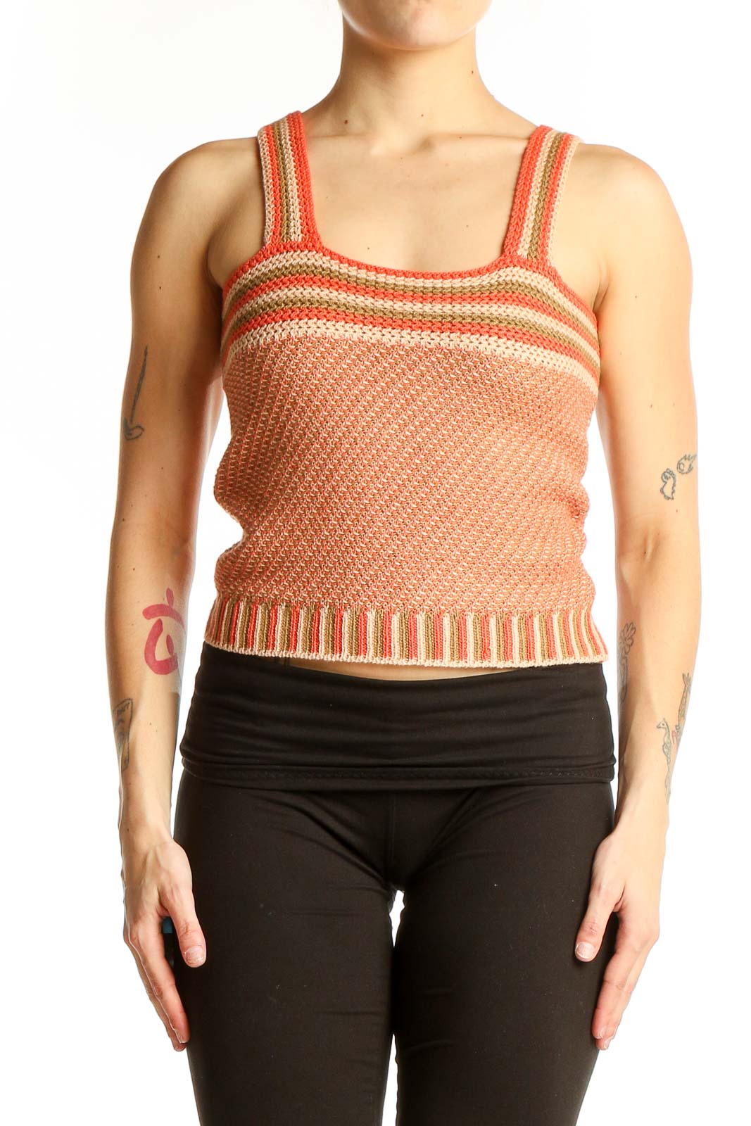 Peach Striped Knit Tank Top Front