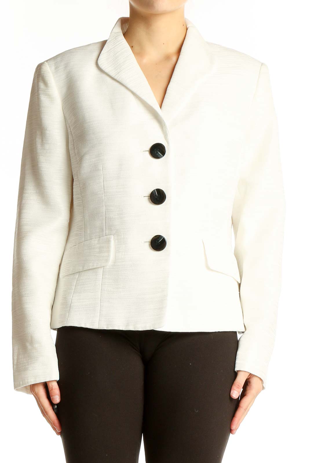 White Polyester Three-Button Blazer Front