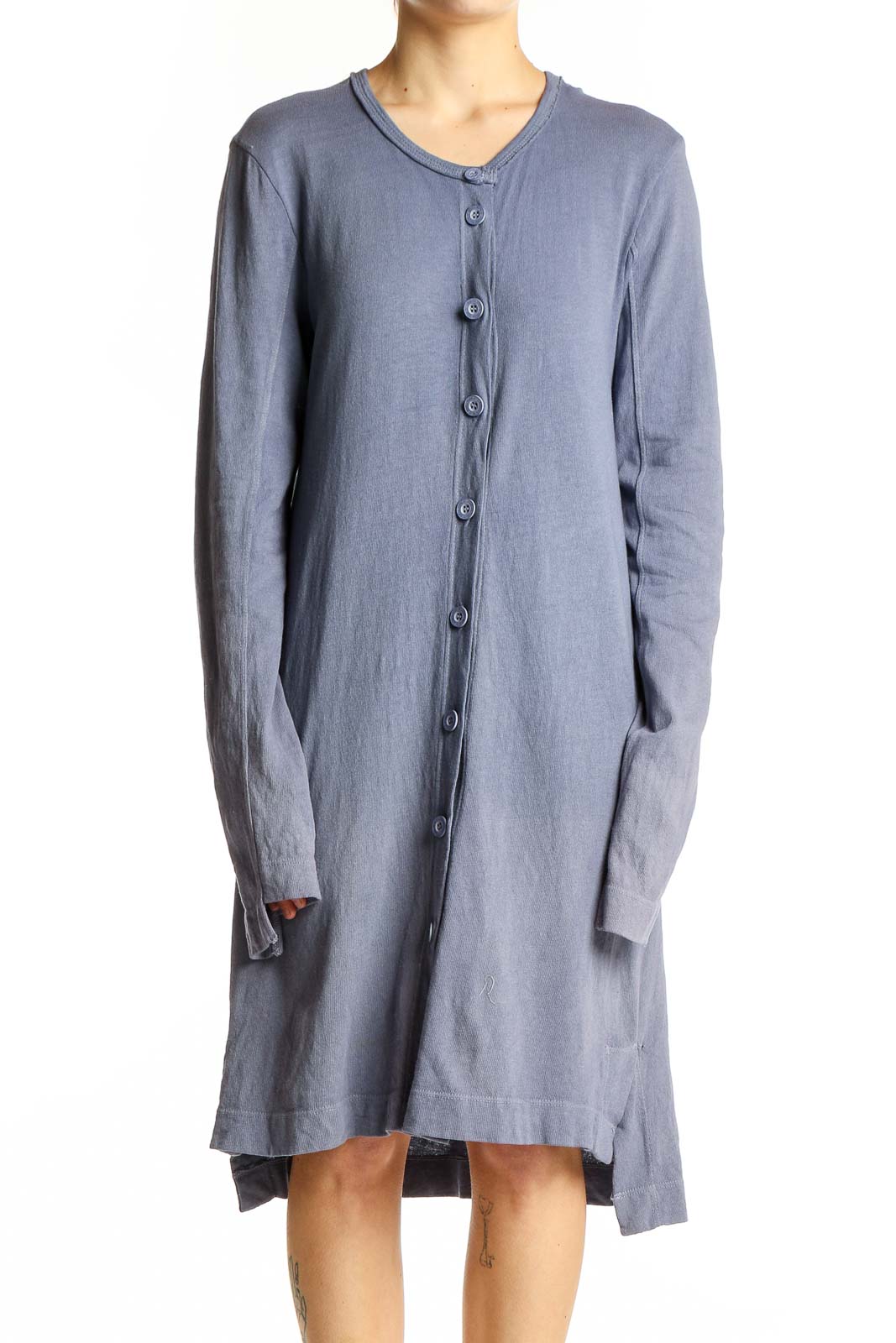 Blue Cotton Button-Up Cardigan Dress Front