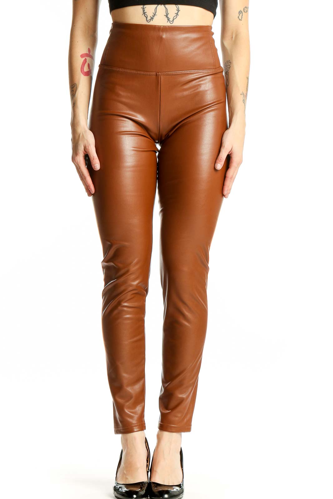 Brown High-Waisted Faux Leather Leggings Front