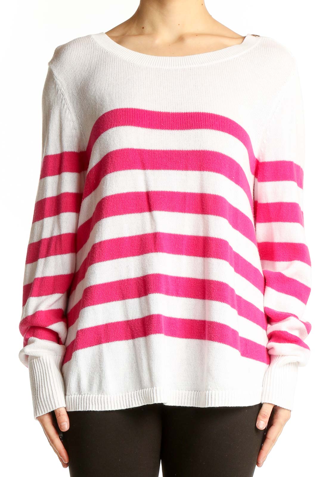 Pink and White Striped Cotton Knit Sweater Front