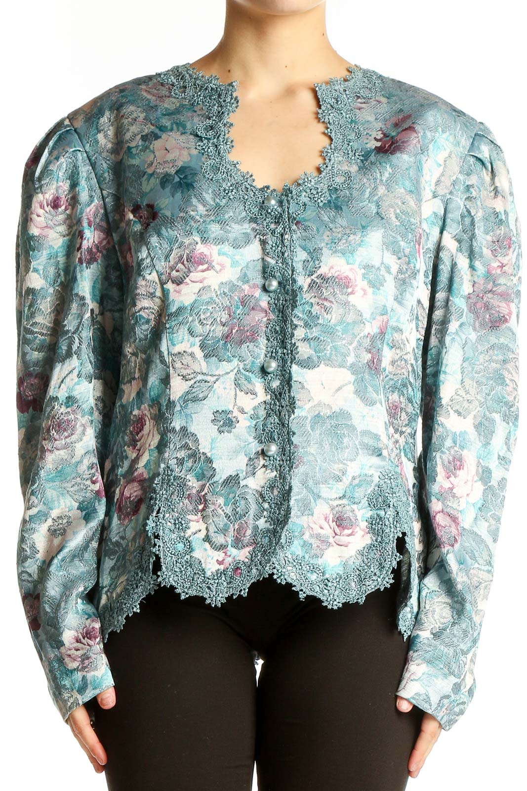 Teal Floral Lace-Trimmed Jacket Front