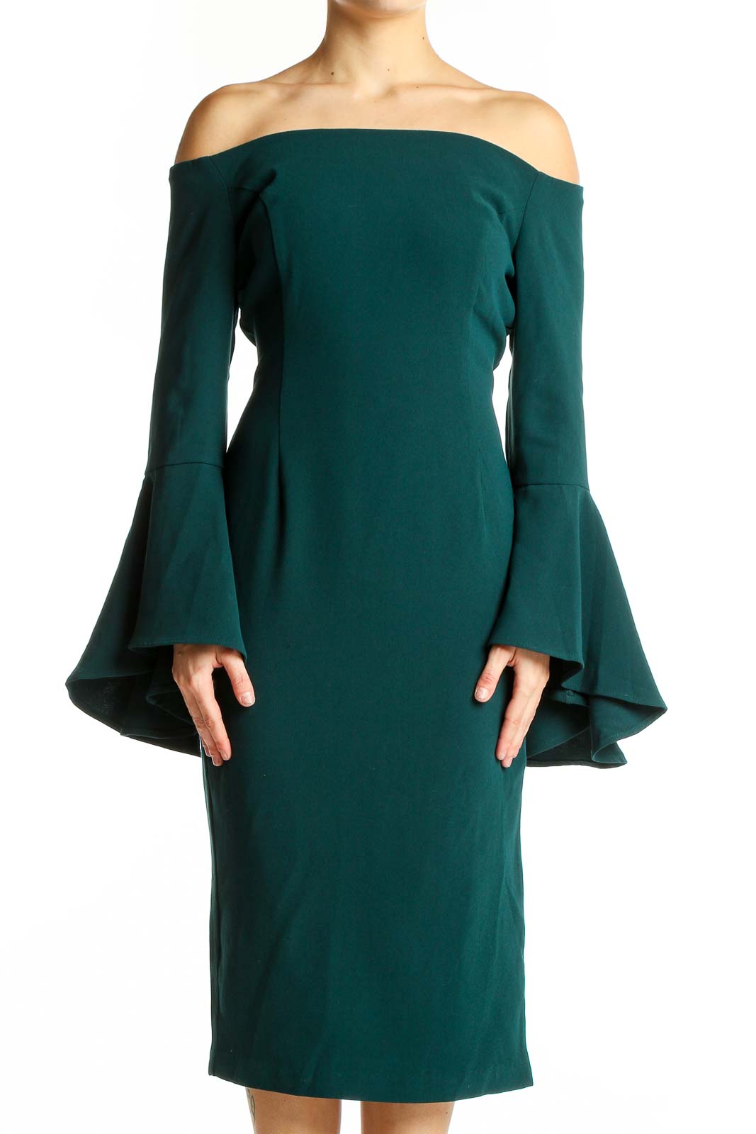 Emerald Off-Shoulder Bell Sleeve Midi Dress Front
