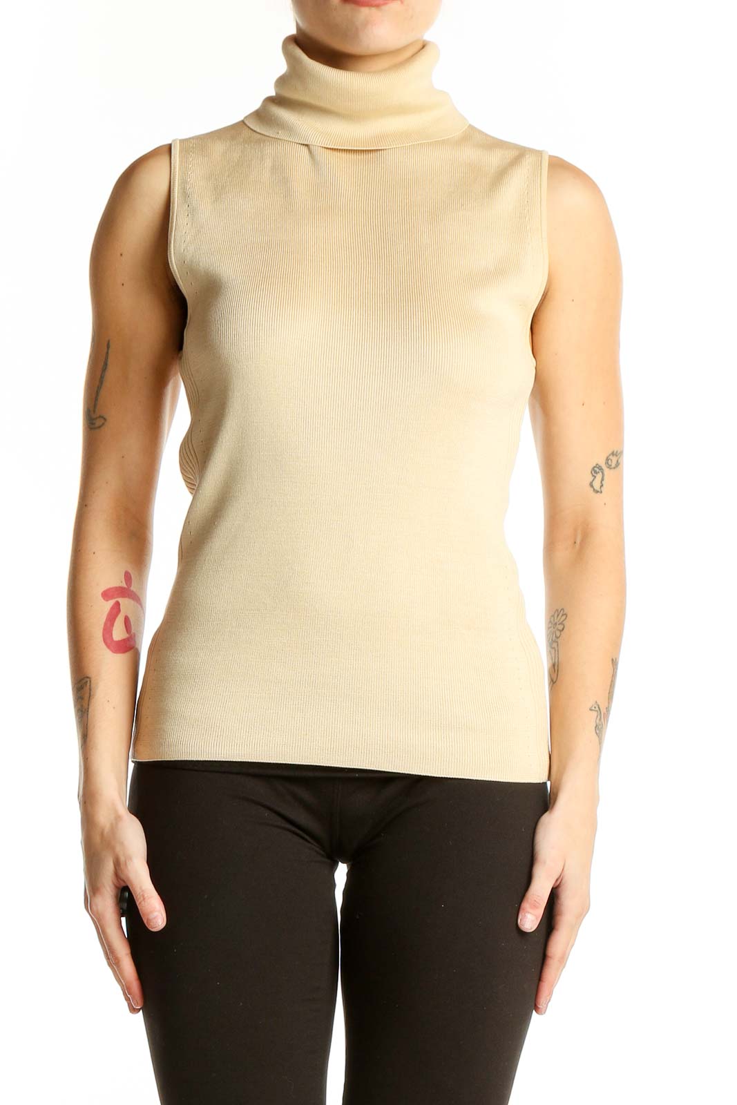 Cream Sleeveless Turtleneck Knit Top Front