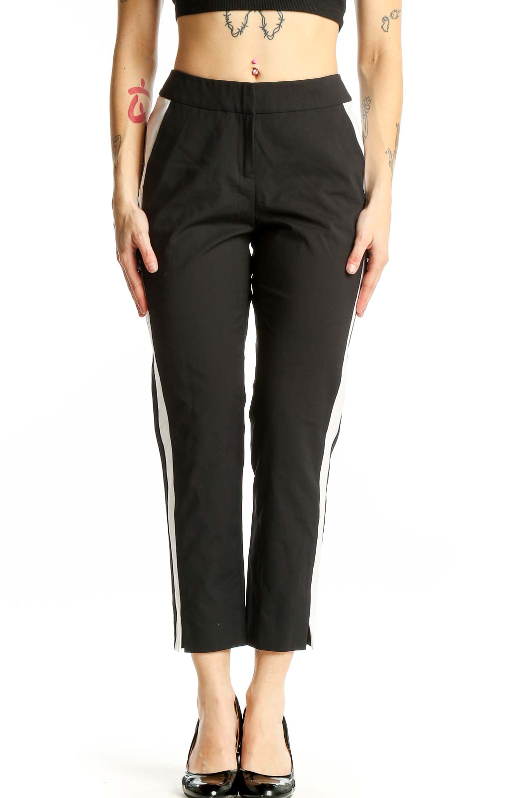 Black Side-Striped Cropped Trousers Front
