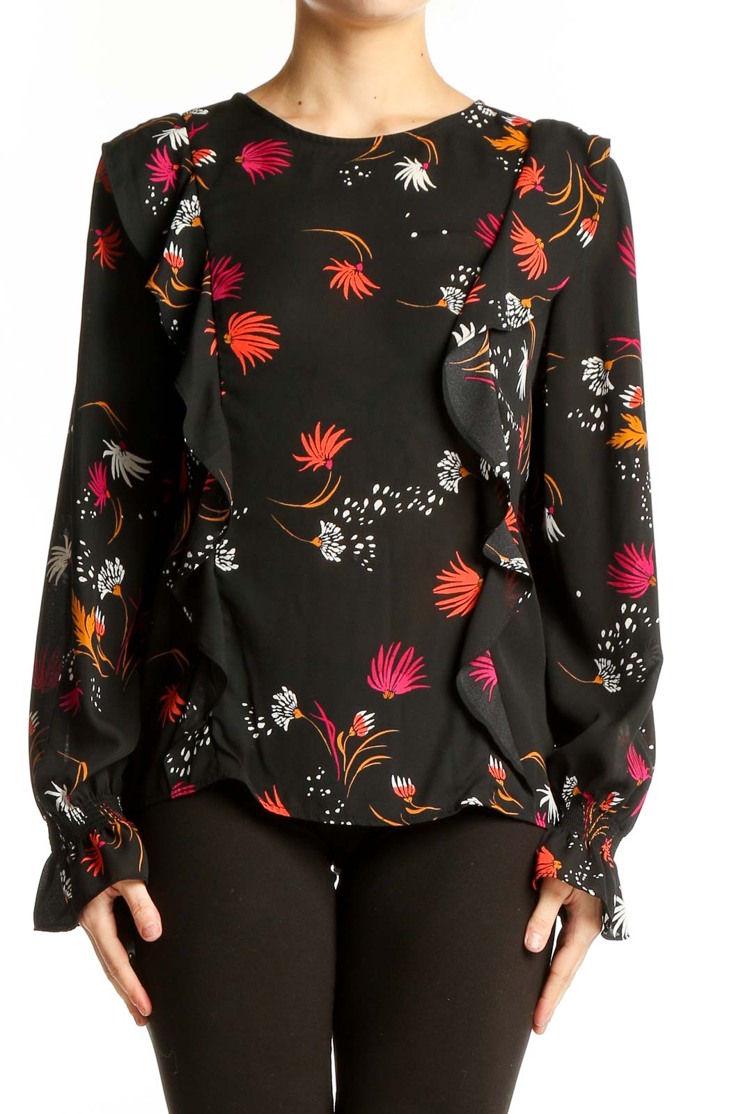 Black Floral Print Long Sleeve Blouse Front