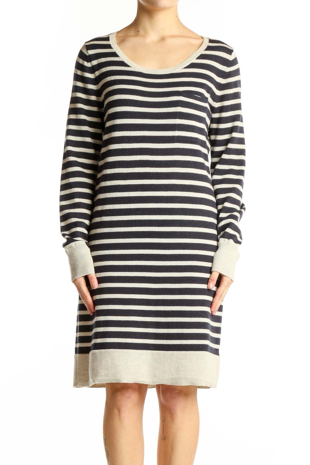 Navy and Cream Striped Knit Dress Front