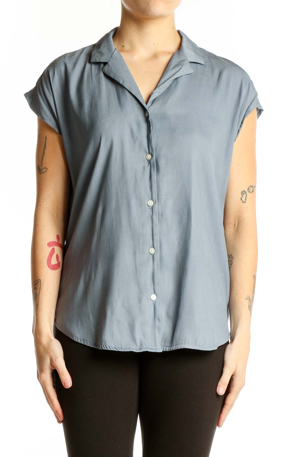 Blue Polyester Short-Sleeve Button-Up Blouse Front
