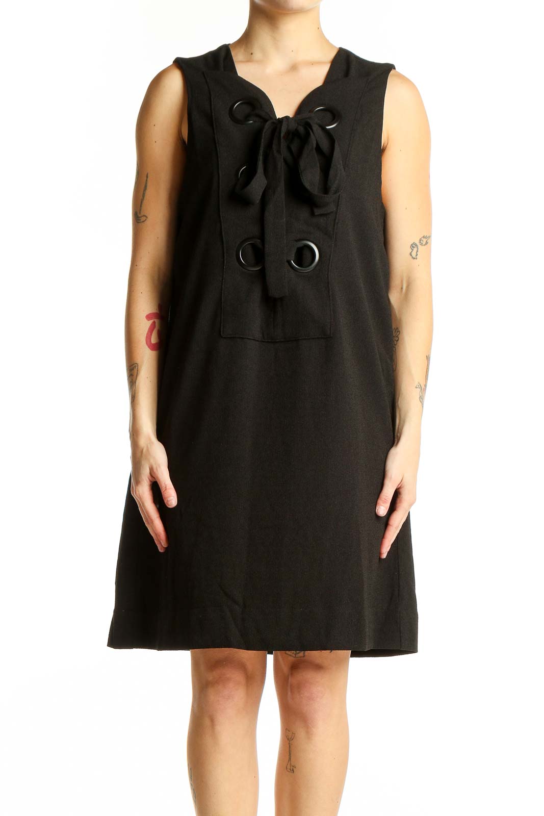 Black Sleeveless Bow-Tie Shift Dress Front