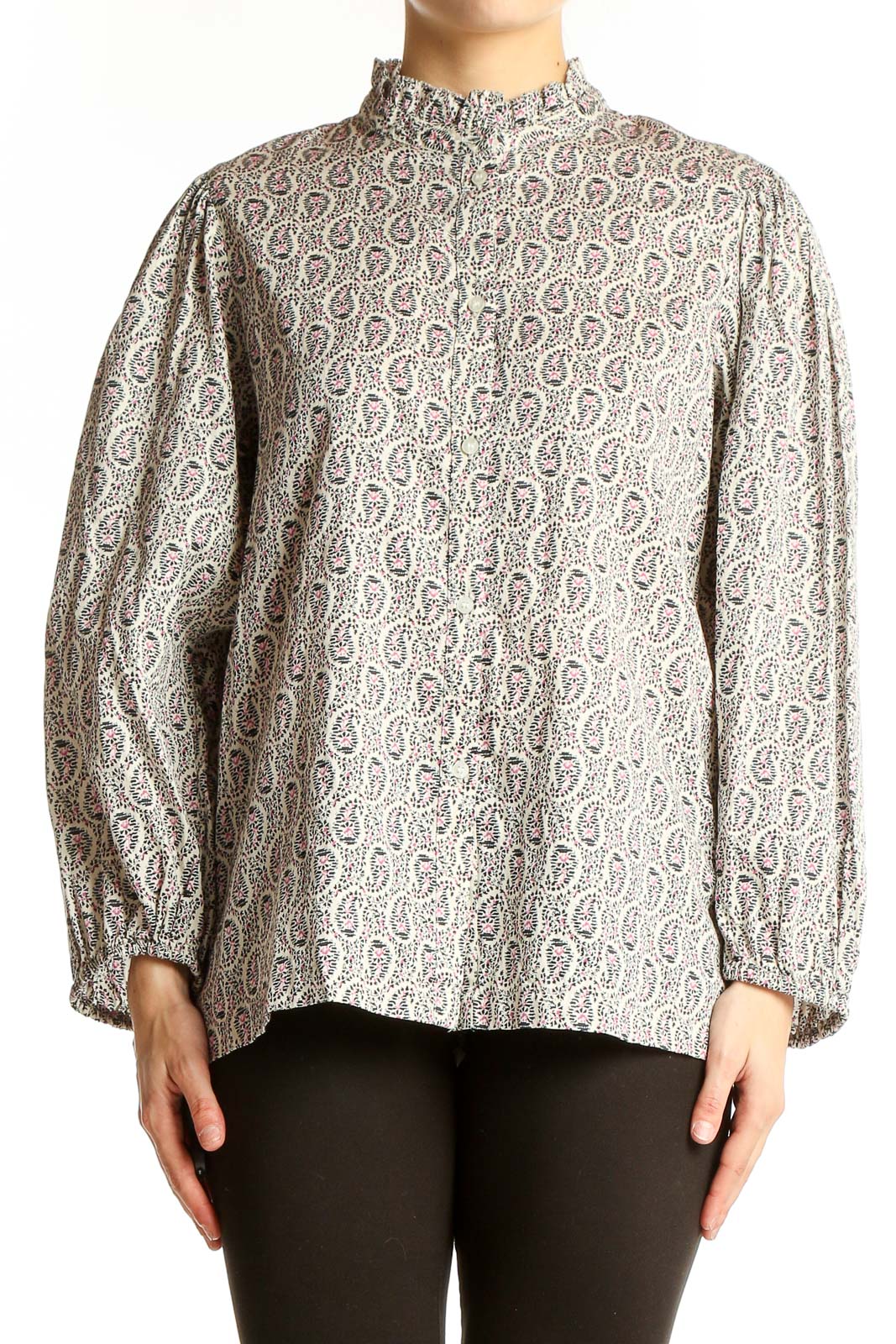 Gray Paisley Print Balloon Sleeve Blouse Front