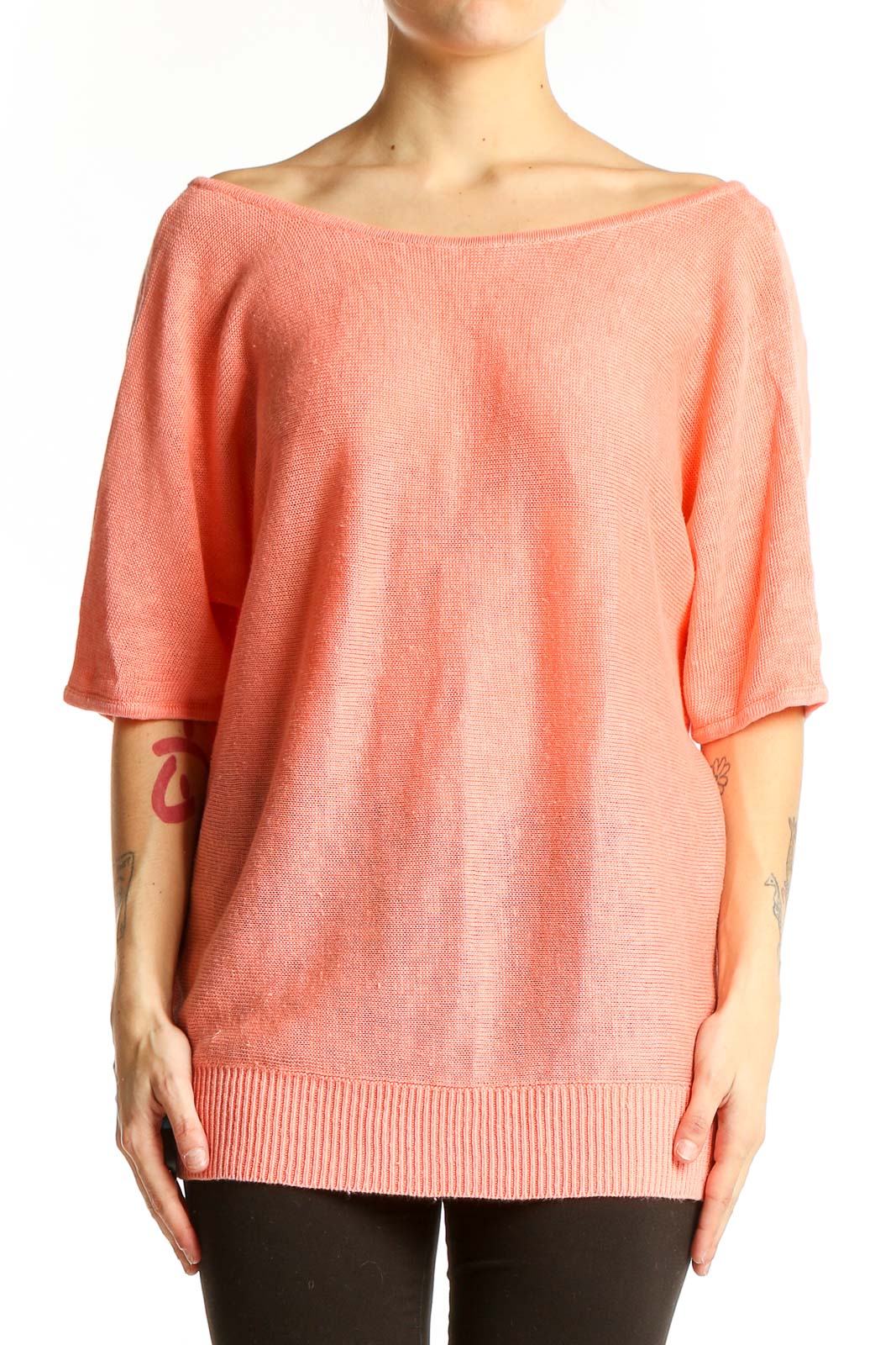 Coral Linen Off-Shoulder Relaxed Top Front