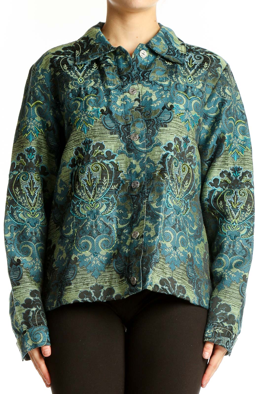 Teal Floral Brocade Jacket Front