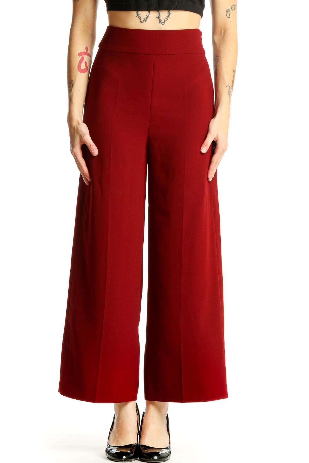 Red Wide-Leg High-Waisted Trousers Front