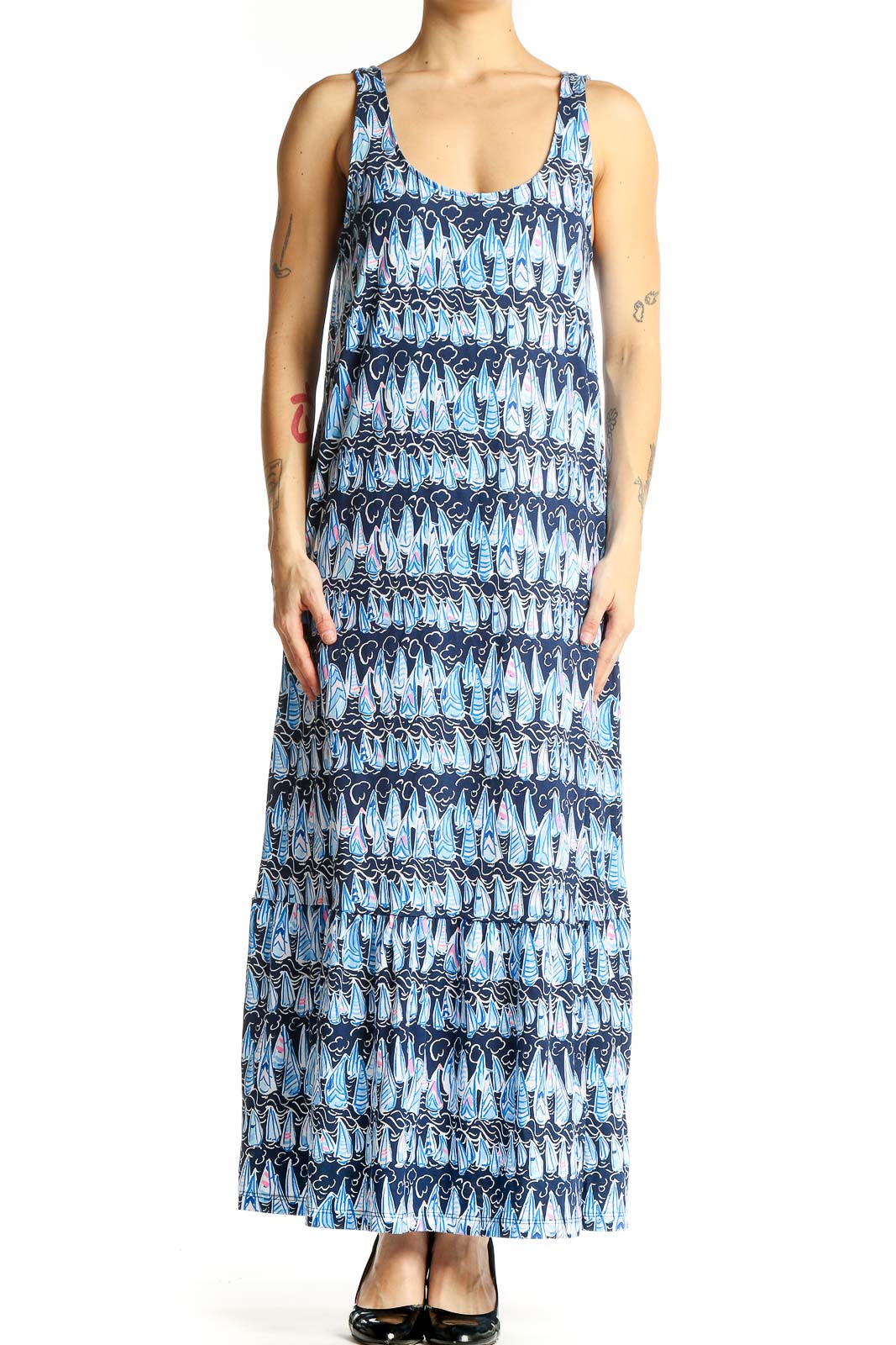 Blue Floral Print Cotton Maxi Dress Front