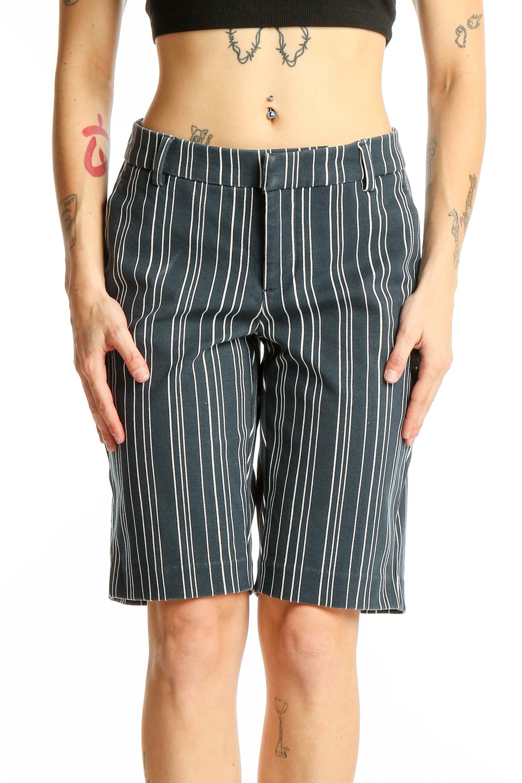Gray Striped Bermuda Shorts Front