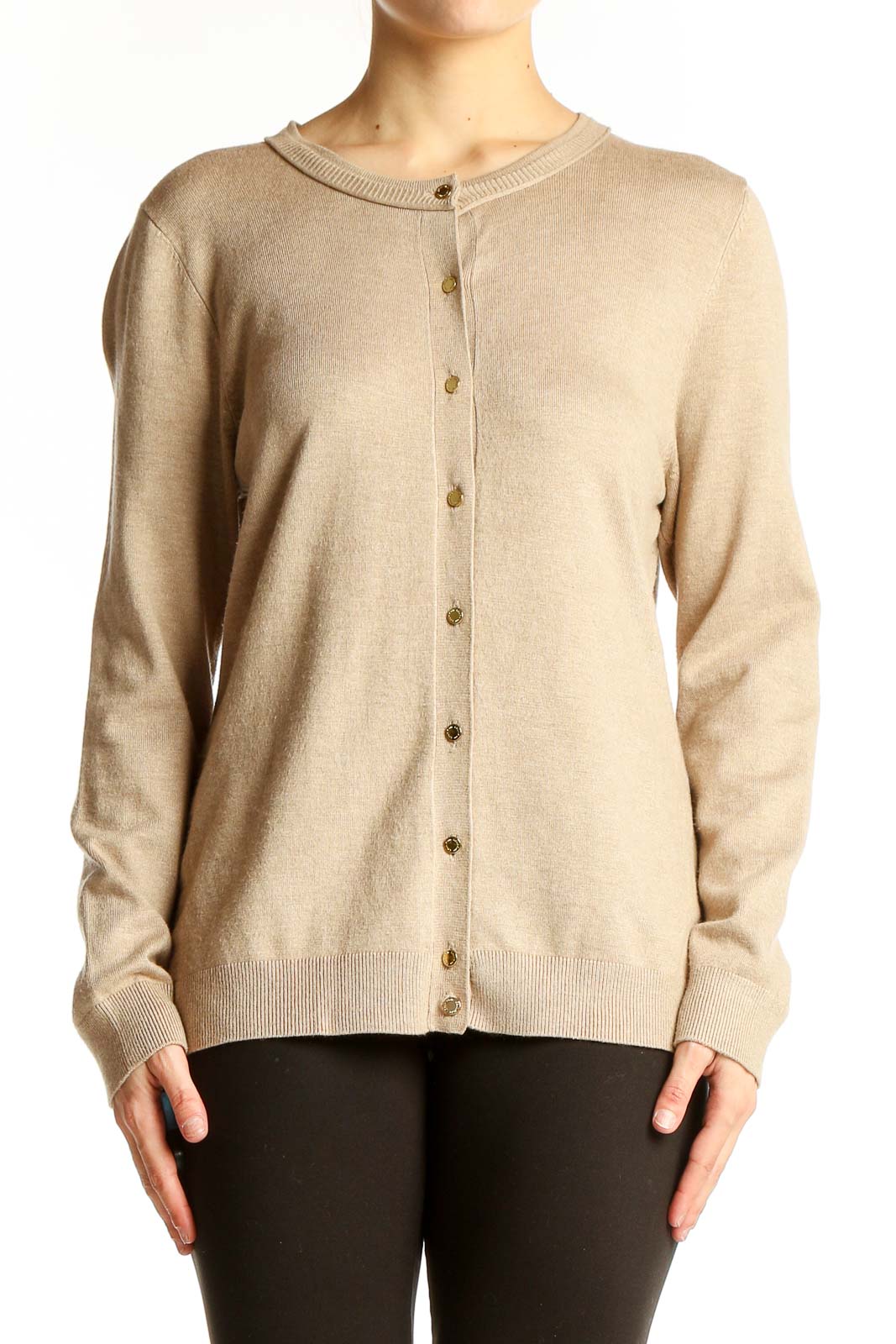 Beige Button-Up Cardigan Sweater Front