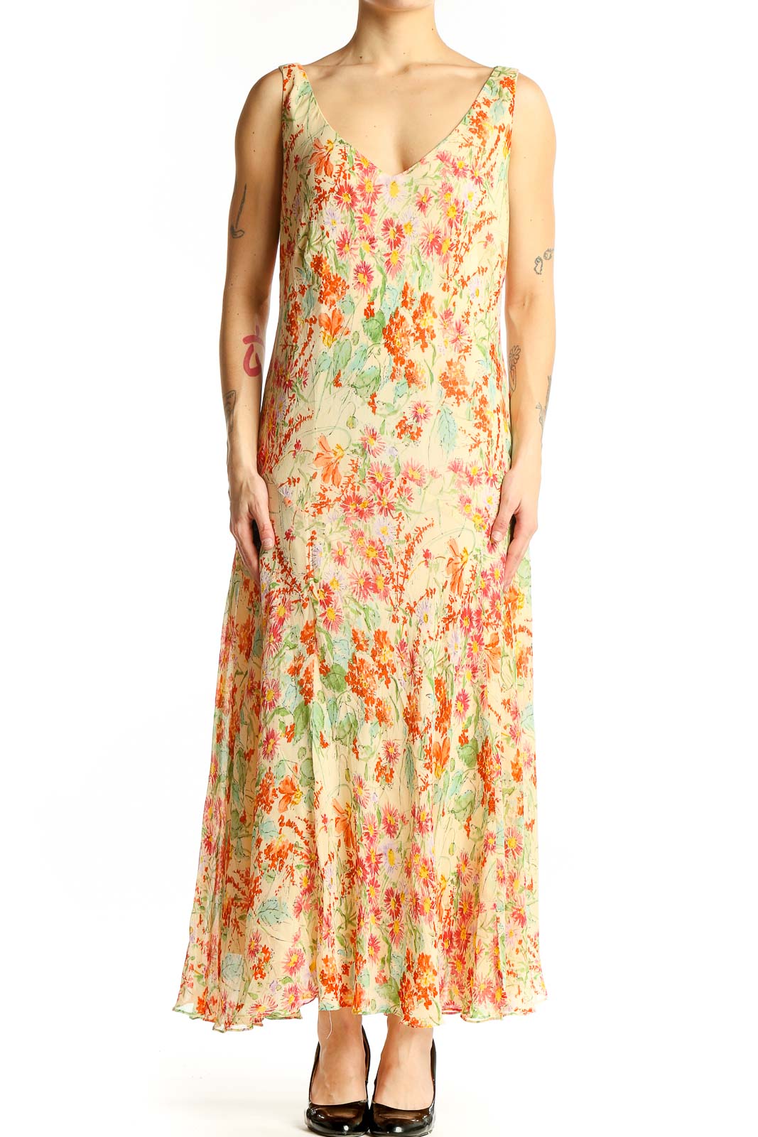 Yellow Floral Silk Maxi Dress Front