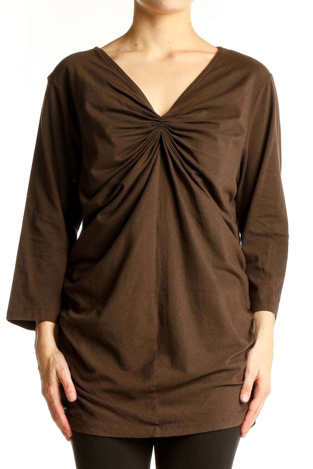 Brown Ruched V-Neck Long Sleeve Top Front