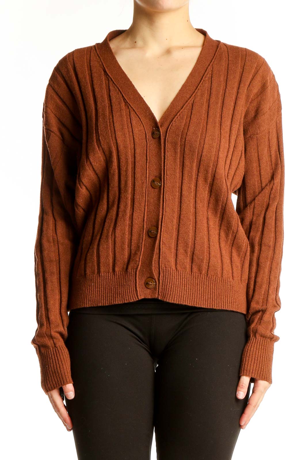 Rust Ribbed V-Neck Cardigan Front