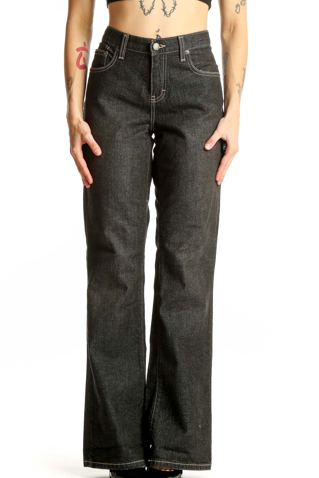 Dark Gray Wide-Leg Denim Jeans Front