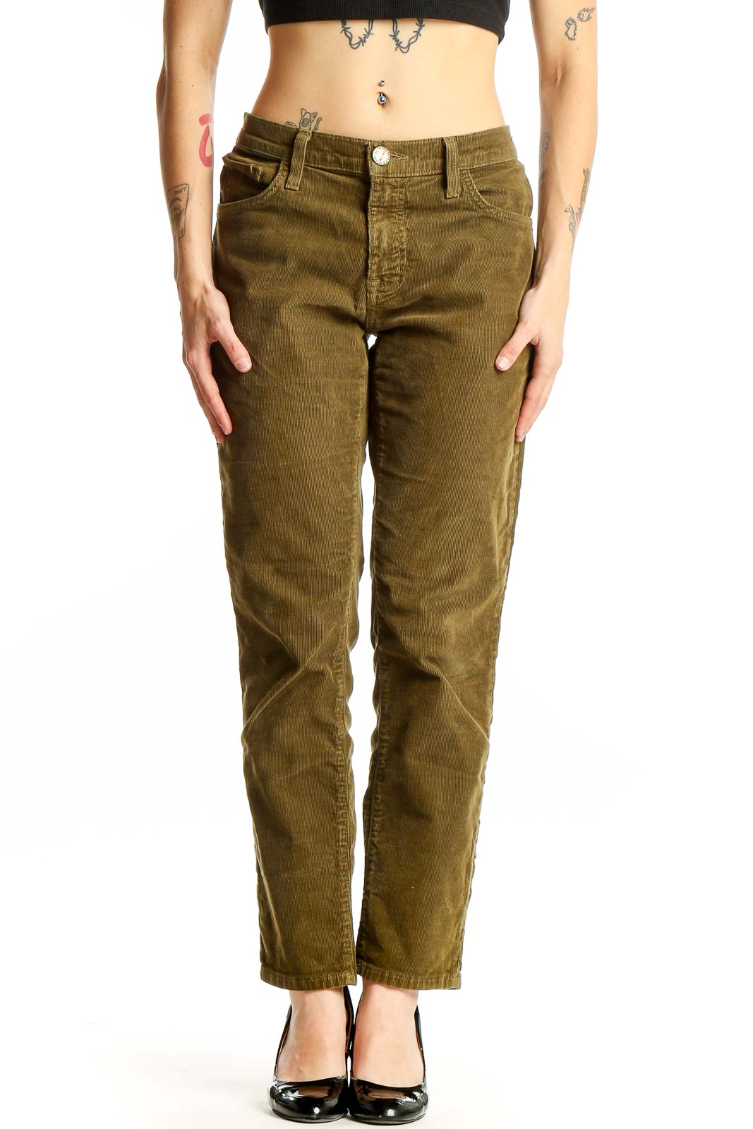 Olive Green Cotton-Blend Corduroy Pants Front