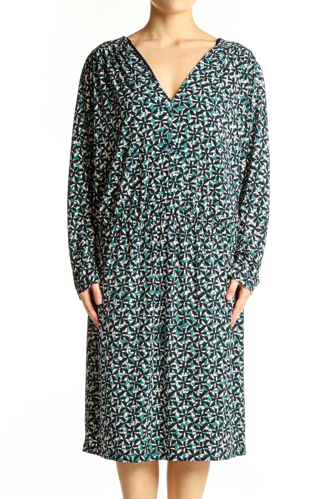 Green Floral Print V-Neck Midi Dress Front