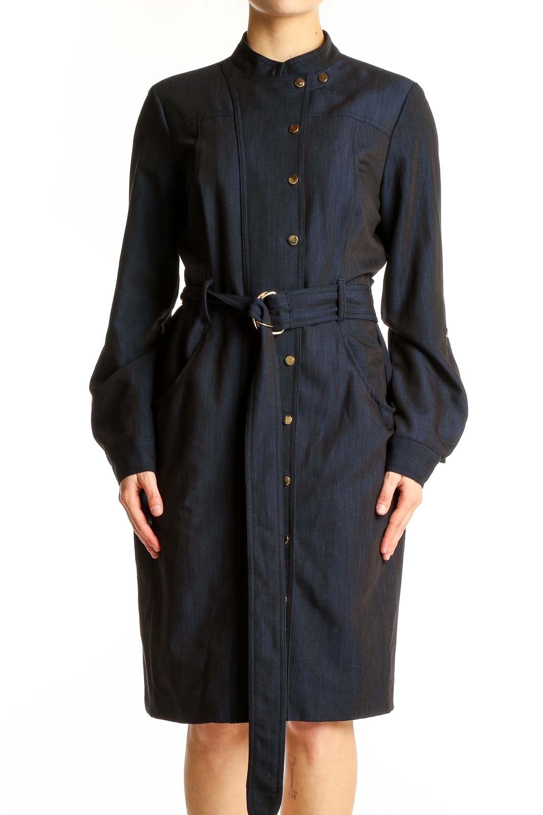 Navy Button-Front Belted Shirt Dress Front