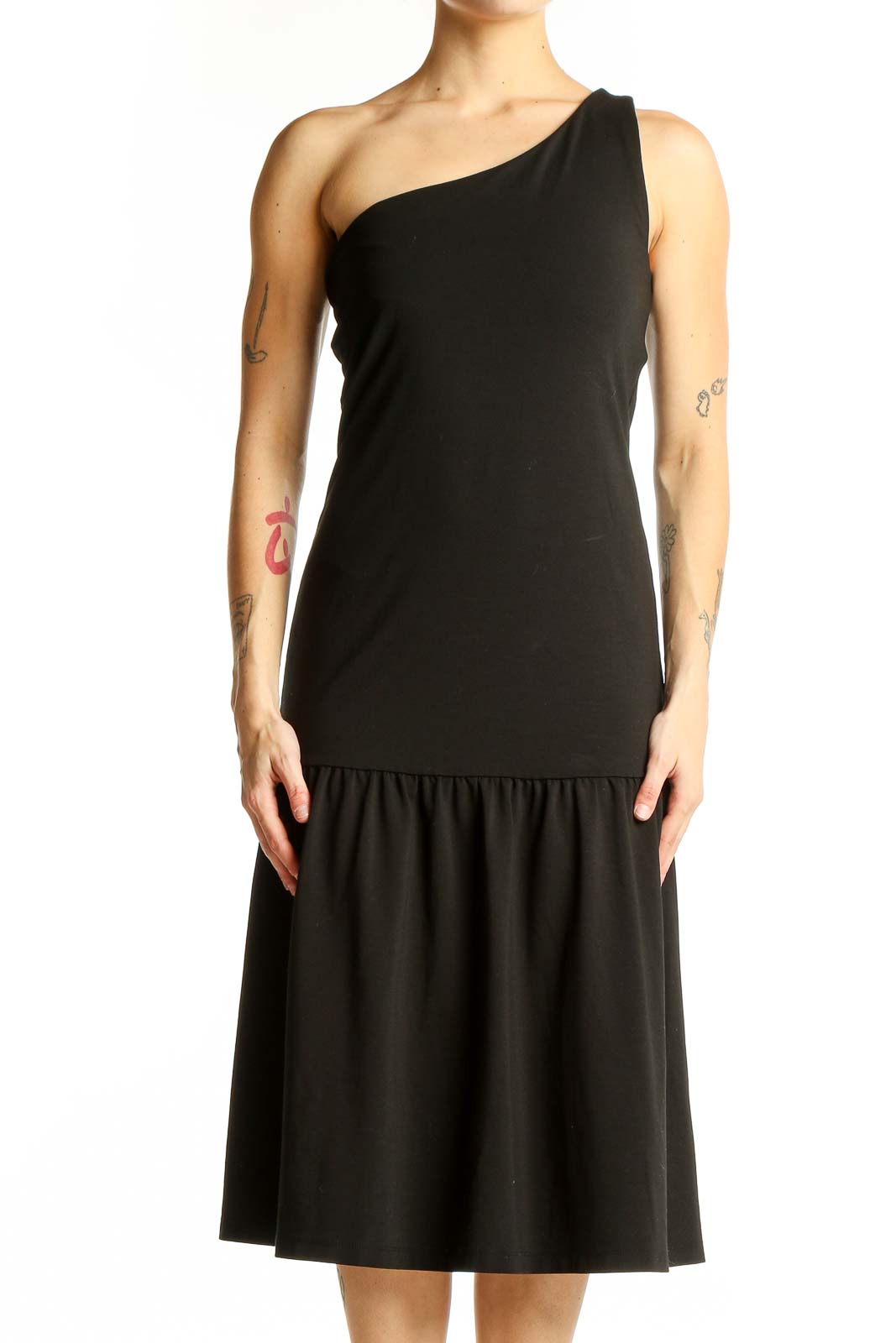 Black One-Shoulder Midi Dress Front