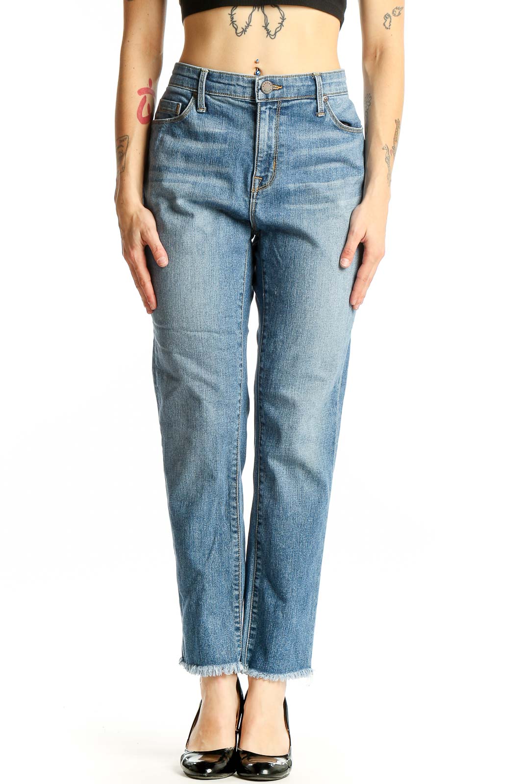 Light Blue Frayed Hem Straight Leg Jeans Front