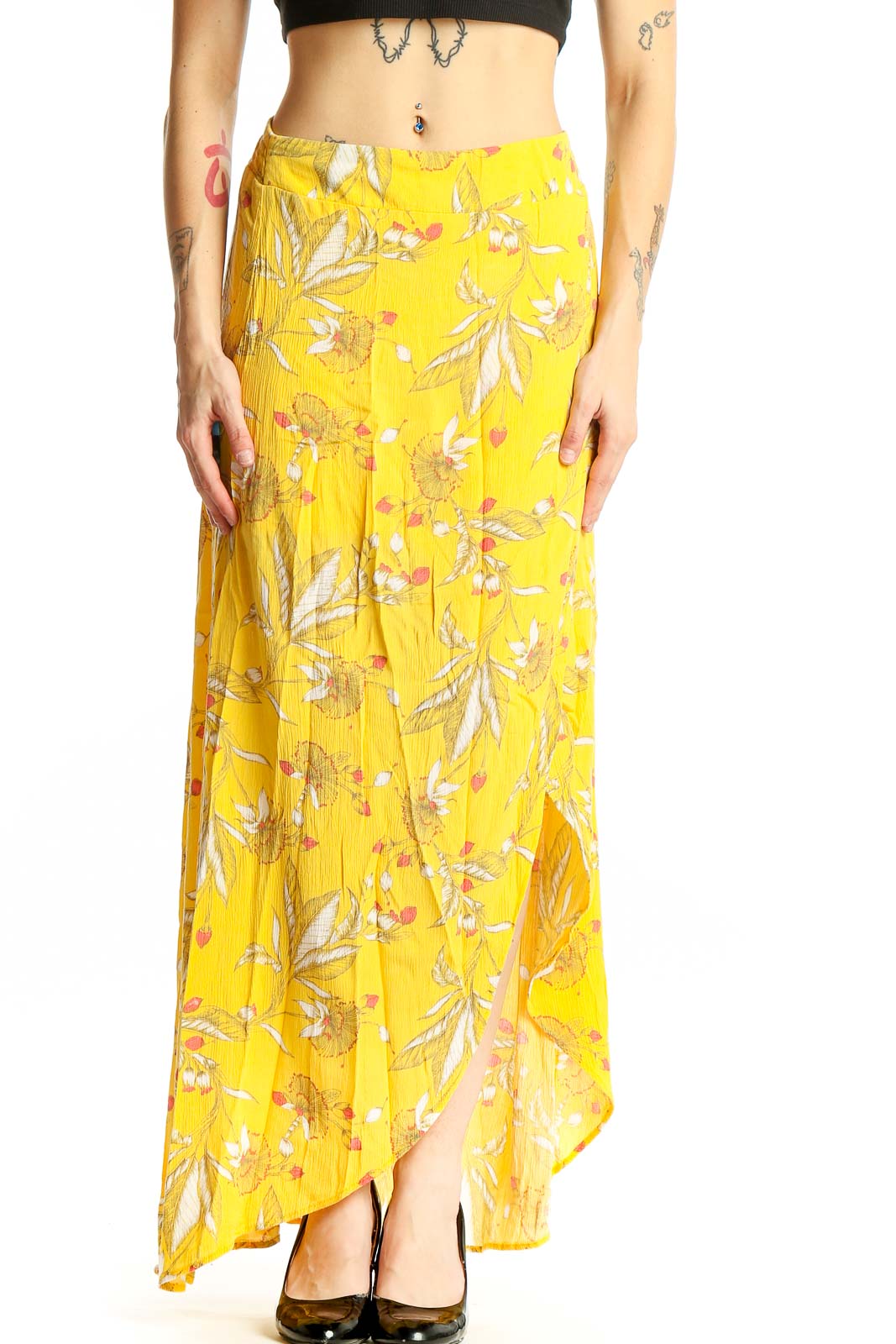 Yellow Floral Rayon Maxi Skirt Front