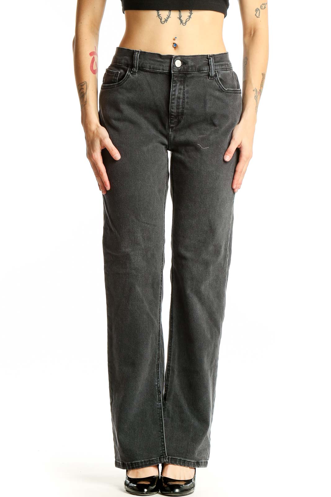 Charcoal Gray Straight Leg Denim Jeans Front