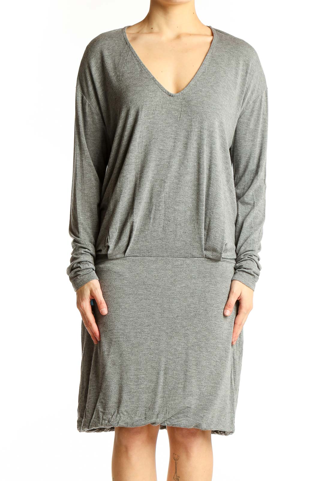 Gray V-Neck Long Sleeve Midi Dress Front