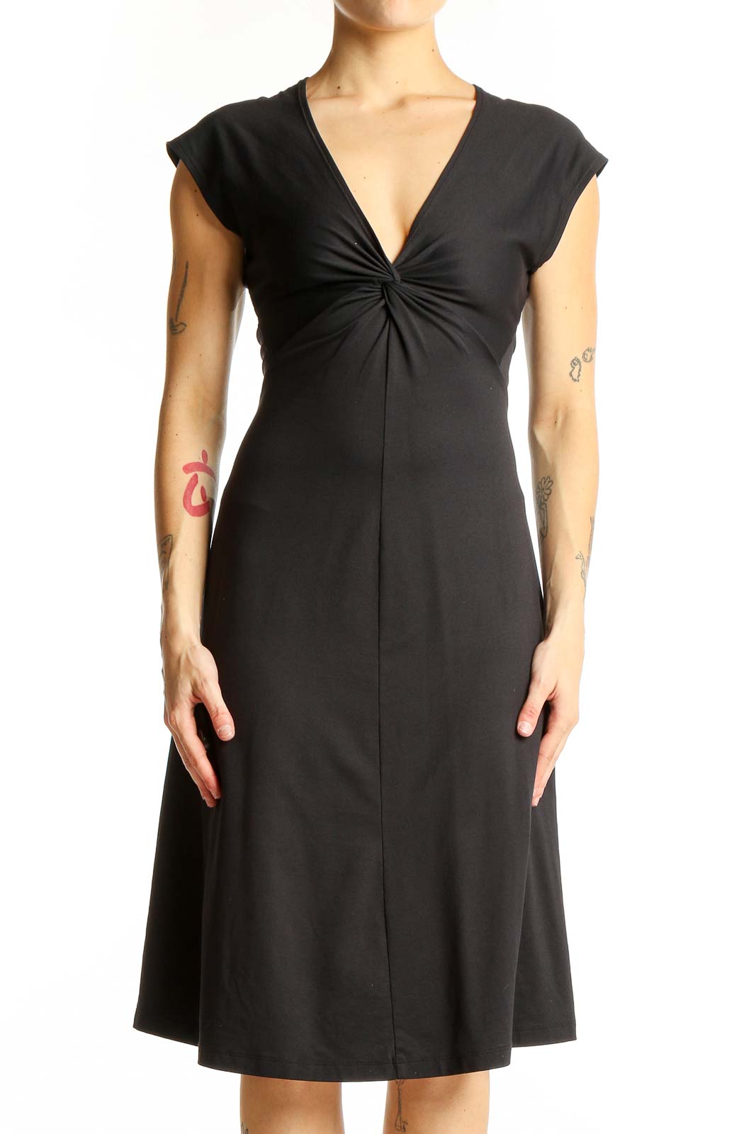 Black V-Neck Twist-Front Midi Dress Front