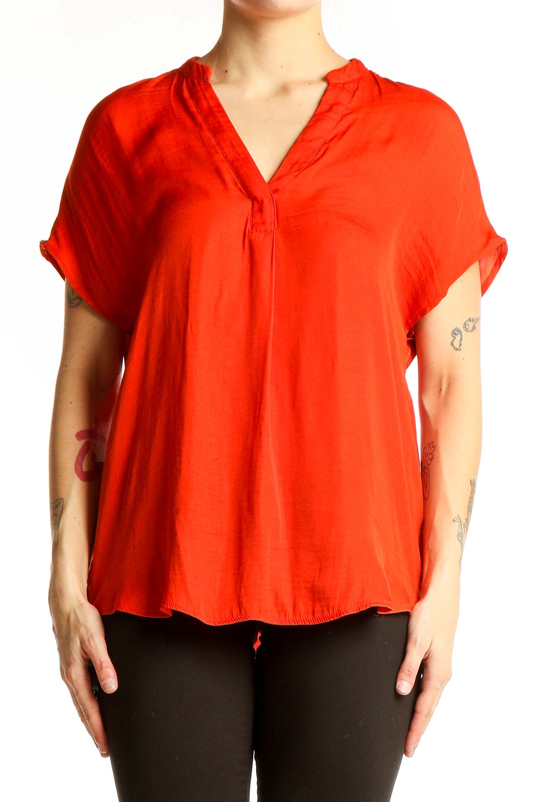Red V-Neck Short Sleeve Blouse Front