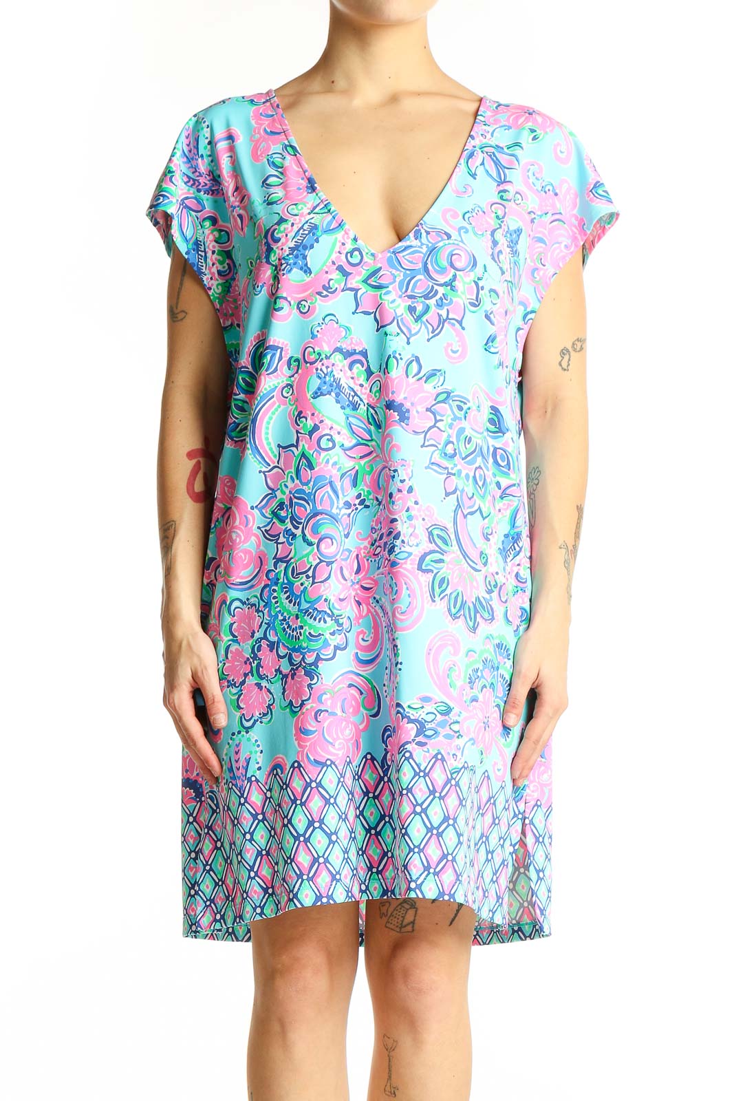 Turquoise Floral V-Neck Shift Dress Front