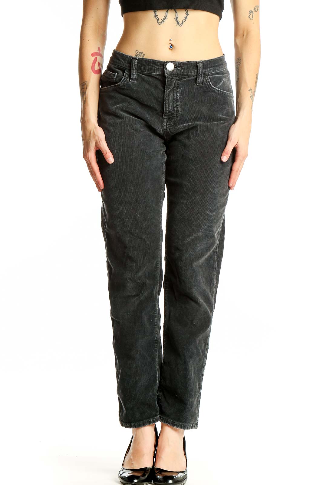 Charcoal Corduroy Straight Leg Pants Front
