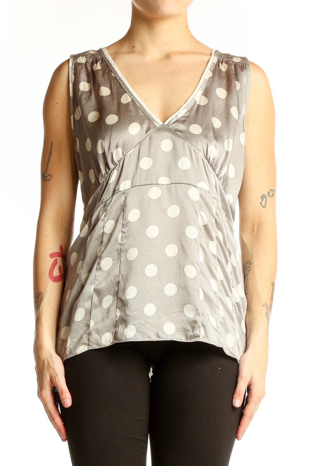 Gray Polka Dot Silk Sleeveless Top Front