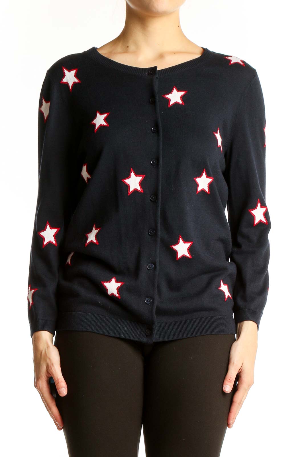 Black Star-Patterned Cotton Blend Cardigan Front