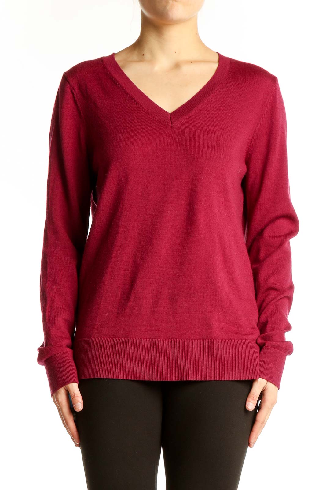 Red V-Neck Merino Wool Sweater Front