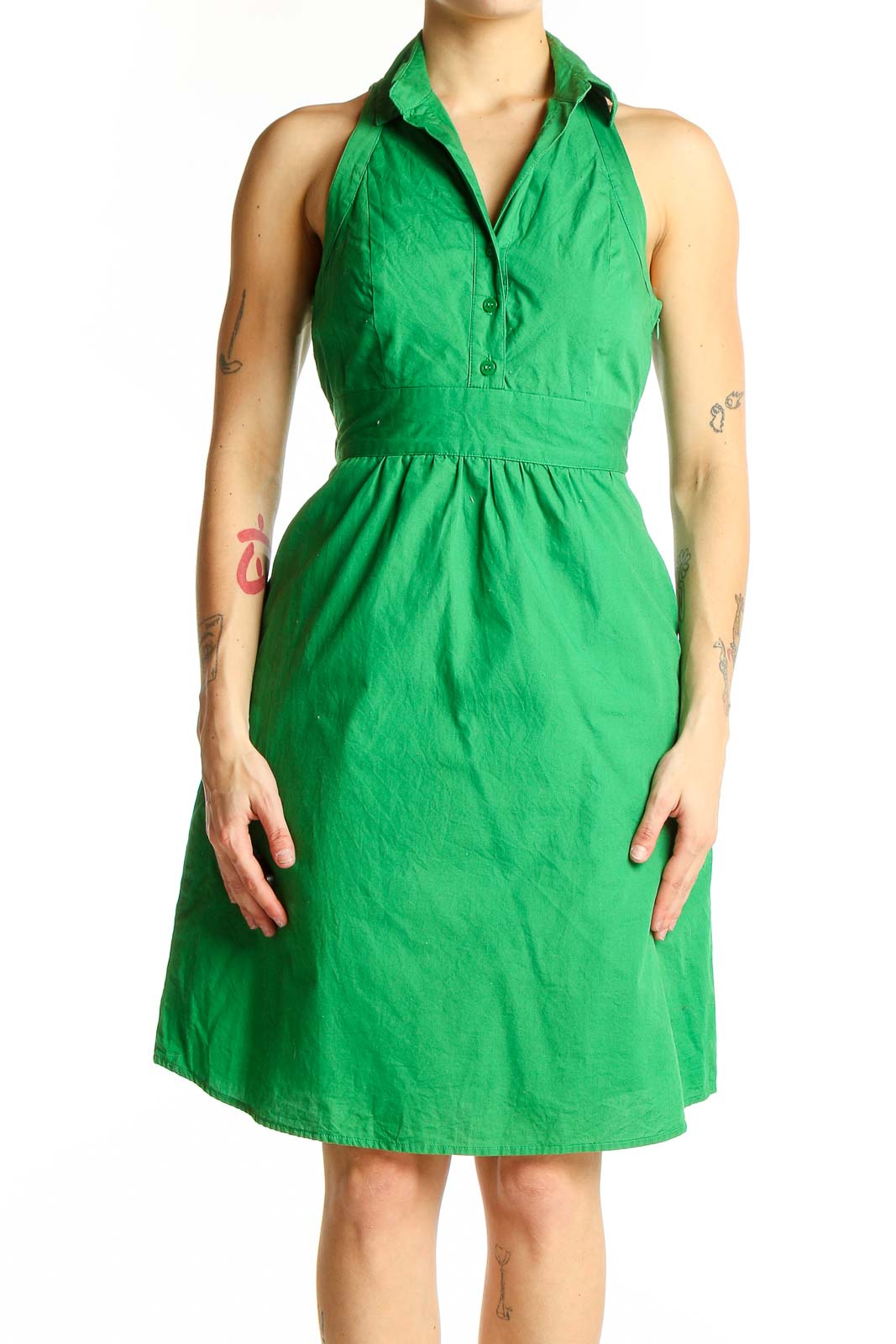 Green Cotton Halter Neck Dress Front