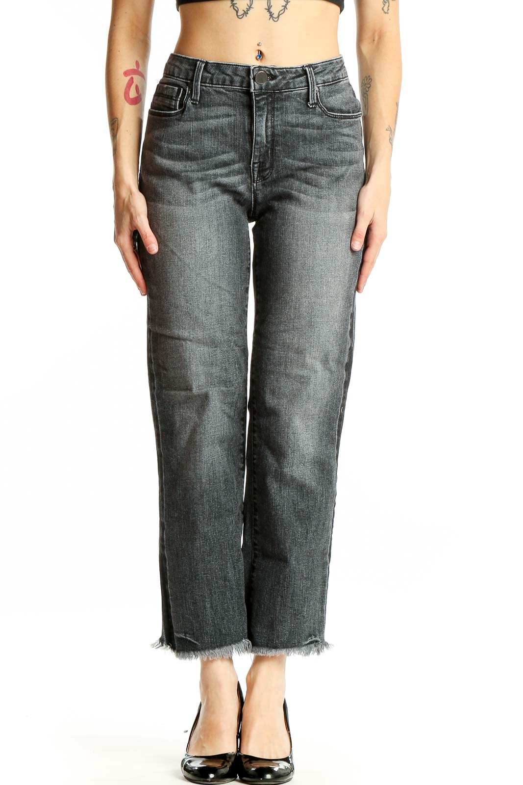Gray Distressed Cropped Straight Leg Jeans Front