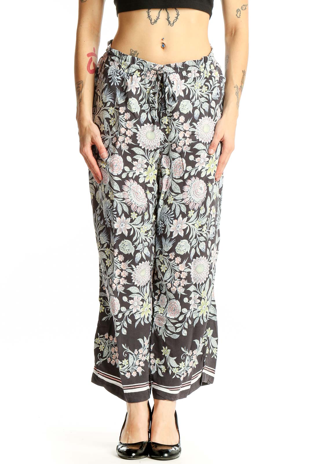 Gray Floral Viscose Wide-Leg Pants Front