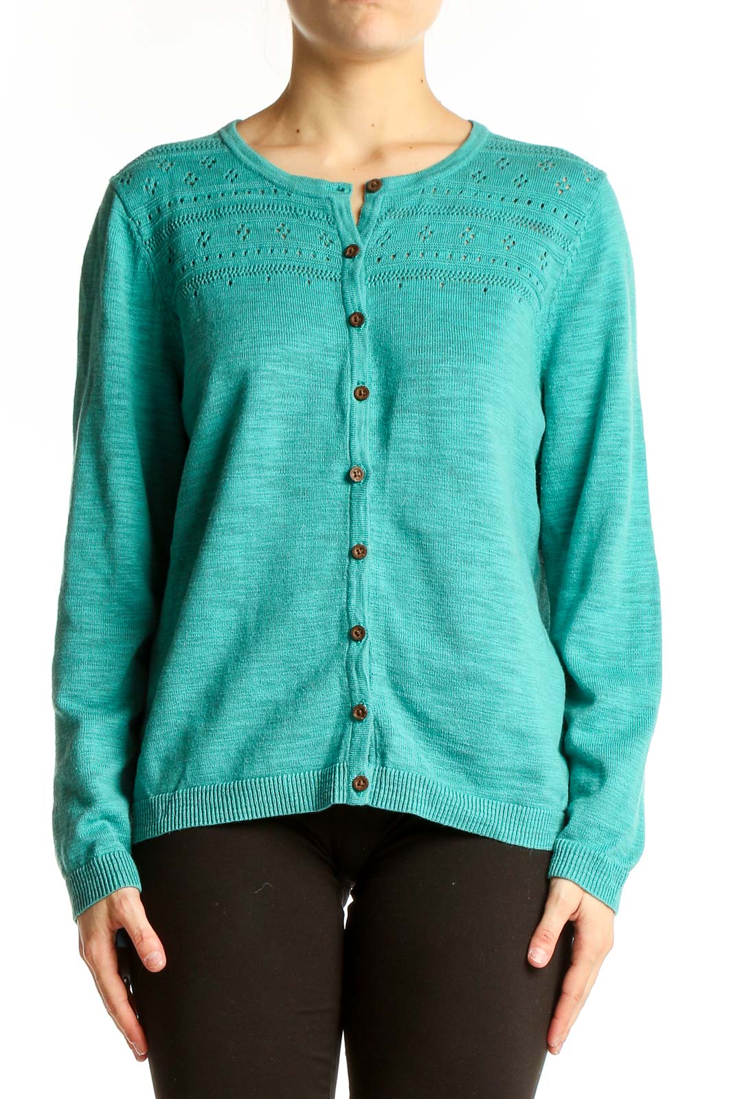 Teal Knit Button-Up Cardigan Front
