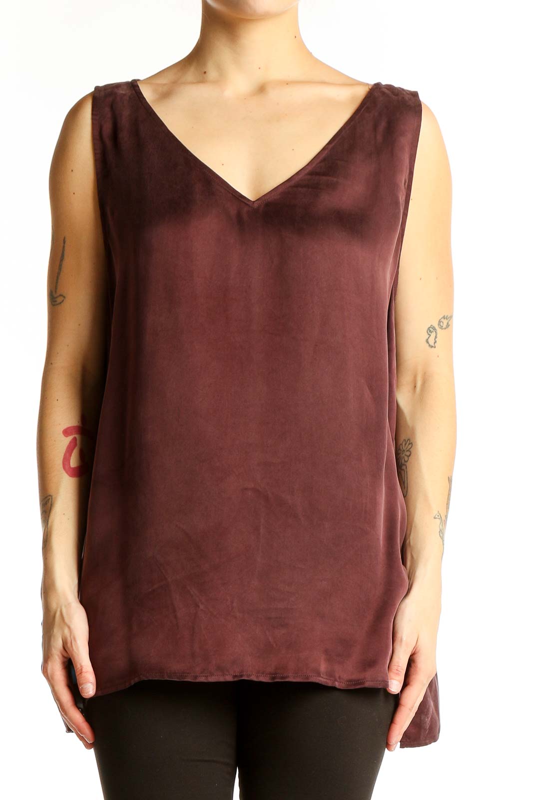 Burgundy Sleeveless V-Neck Cupro Top Front