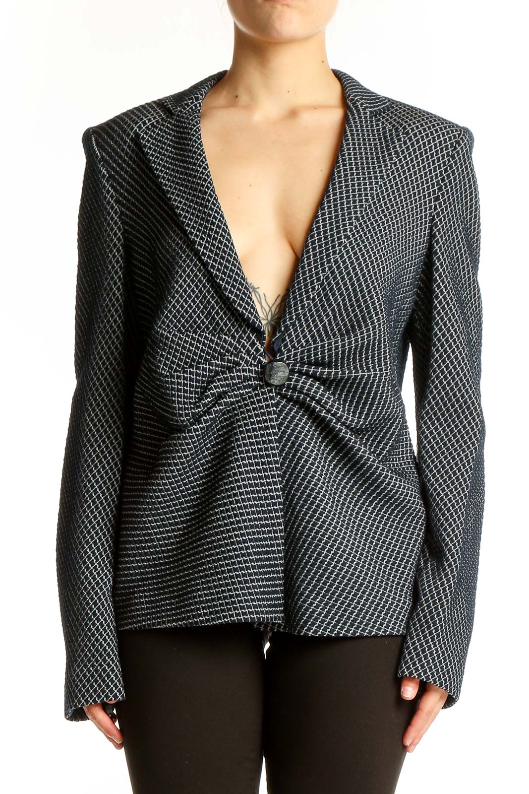 Black Textured Fitted Blazer Front