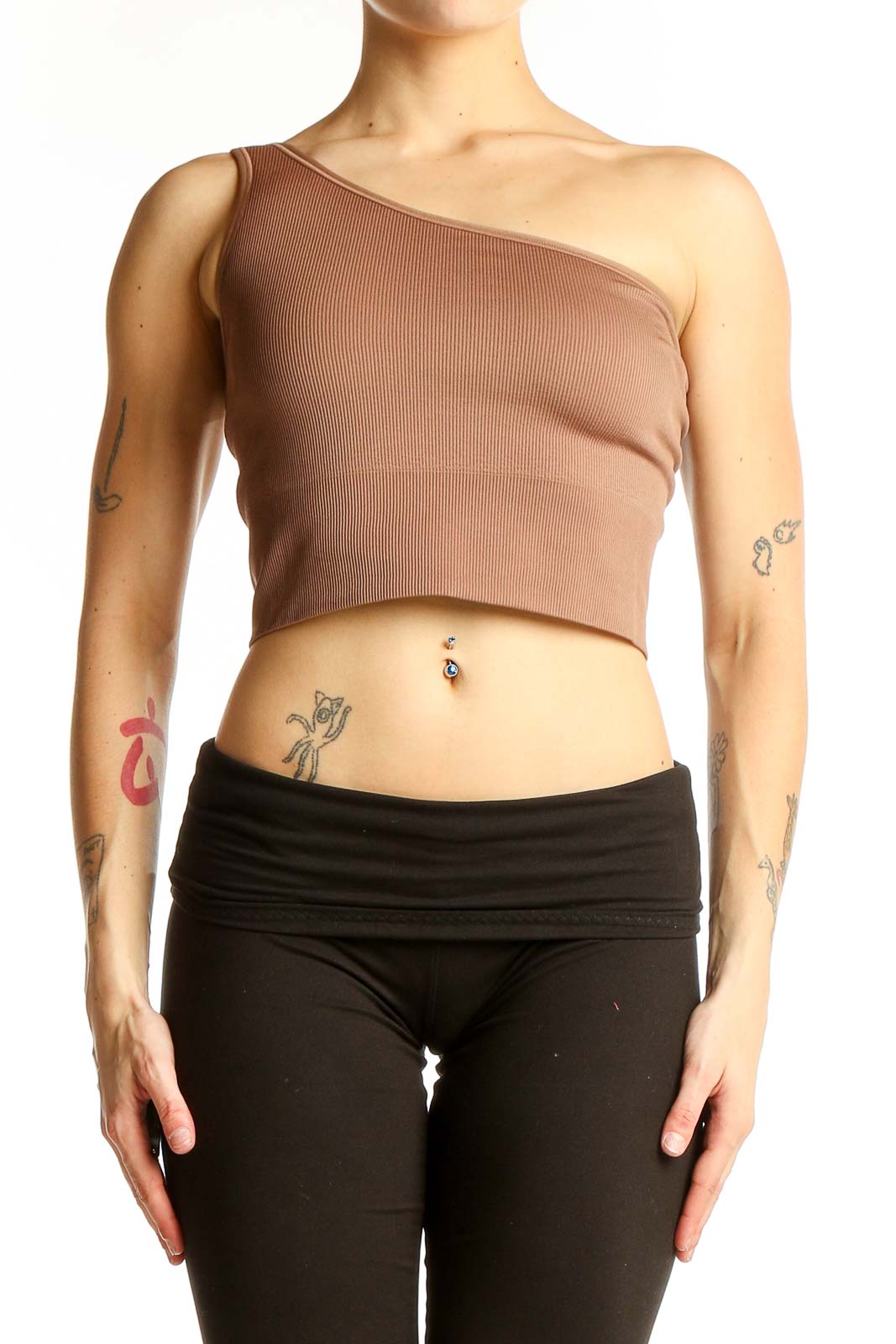 Tan One-Shoulder Crop Top Front