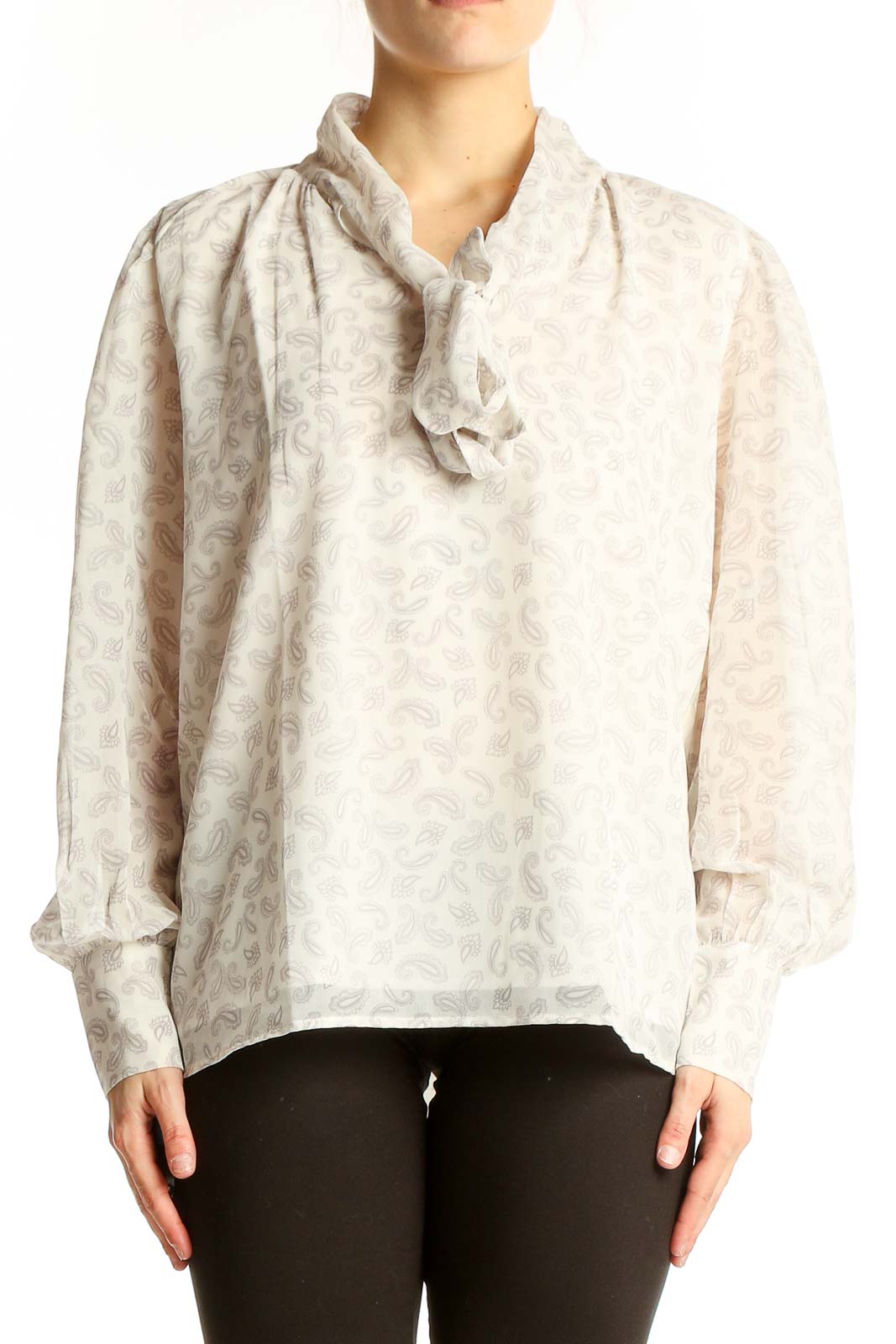 White Floral Puff Sleeve Blouse Front